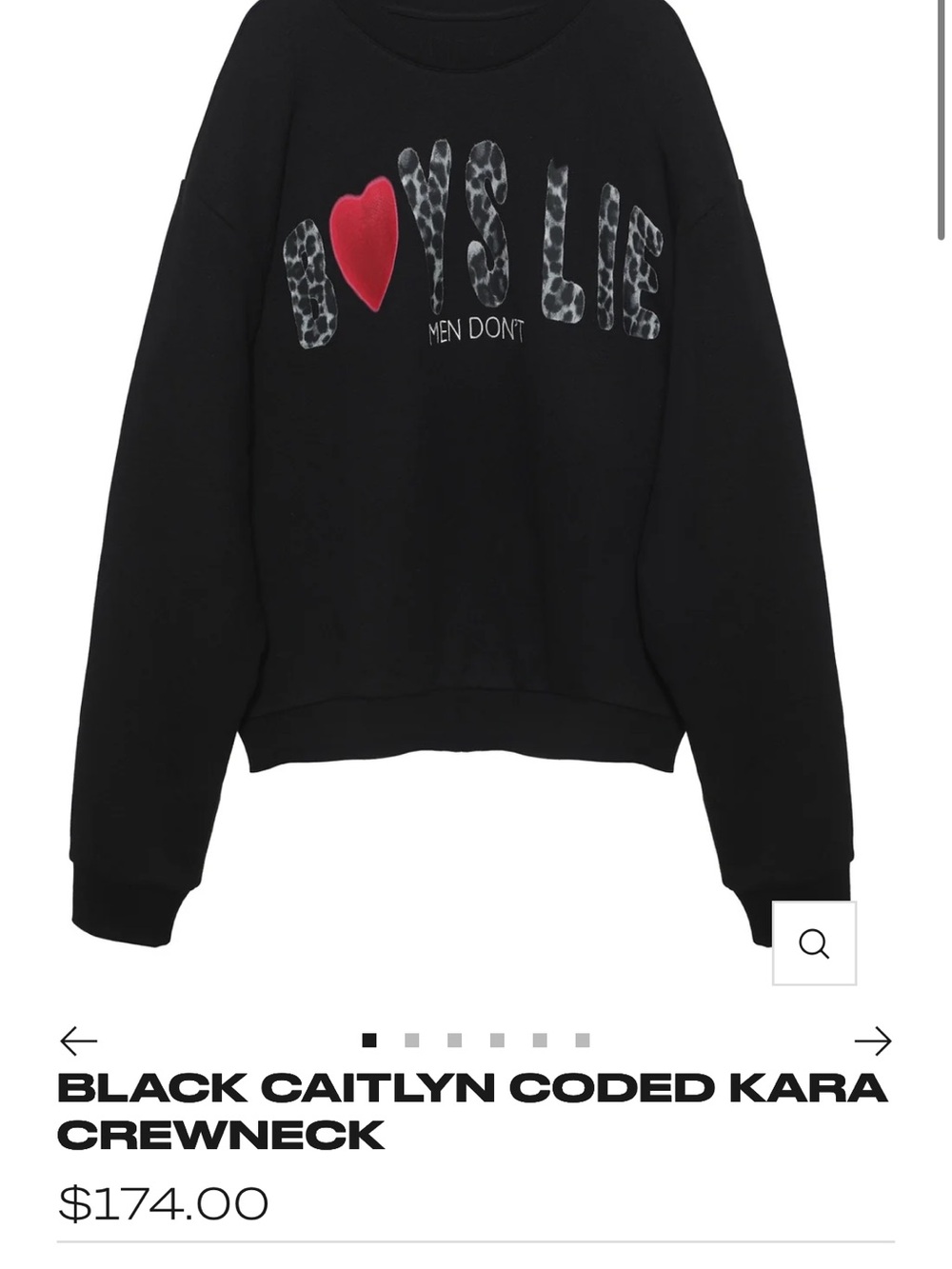 BRAND NEWBoys Lie Black Crewneck Sweatshirt with Leopard Graphic and Red Heart.